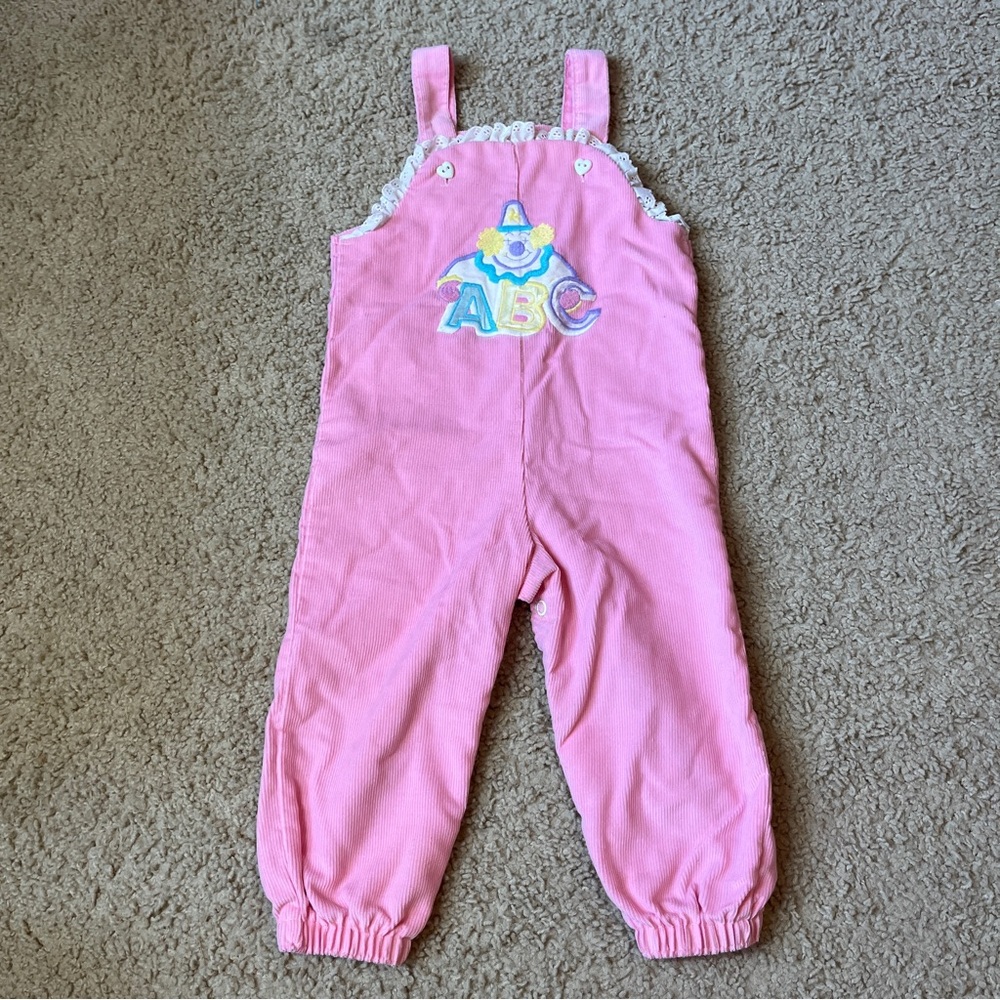 Vintage 80s Buster Brown 18m Baby Toddler Girl Pink Corduroy Overalls Clown ABC